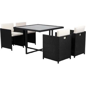 Eetset Tafel + 4 armstoelen - 4 personen - MALA - Geweven hars - Zwart