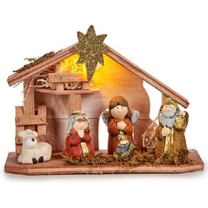 Krist+ kerststal - met beeldjes en verlichting - L22,5 x B8 x H17 cm