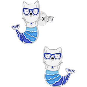 Oorbellen meisje | Zilveren kinderoorbellen | Zilveren oorstekers, kat met blauwe zeemeerminstaart en bril