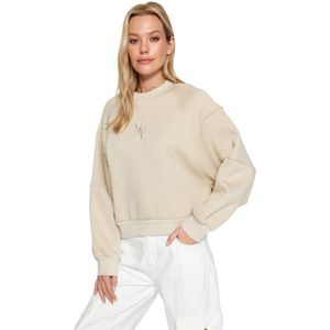 Trendyol Stone-Sweatshirt Met Ronde Hals, Normale Pasvorm, Geborduurd En Dikke Binnenkant, Fleece Gebreid Twoaw24Sw00199