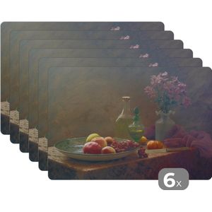 Placemat - Placemats kunststof - Stilleven - Artistiek - Schilderij - Bloemen - Paars - Fruit - Lichtval - 45x30 cm - 6 stuks - Hittebestendig - Anti-Slip - Onderlegger - Afneembaar