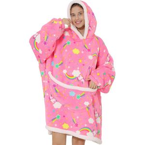 Oversized capuchondeken, sweatshirt voor vrouwen, dikke flanellen sherpa-deken met mouwzak, zachte, gezellige eenhoorn, draagbare capuchontrui, eenheidsmaat, cadeau voor moeder en dochter