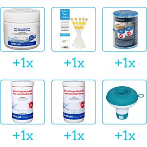 Zwembad Onderhoudsset - Startersset bevat Chloor - Testrips - Filters en PH-min - PH-plus - Chloordrijver - Interline Onderhoud Starterspakket - Voor zwembaden en Spa's - Voor kleinere zwembaden tot 2500 liter (6-delig)