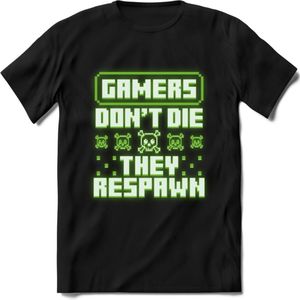 Gamers don't die pixel T-shirt | Neon Groen | Gaming kleding | Grappig game verjaardag cadeau shirt Heren – Dames – Unisex | - Zwart - XL