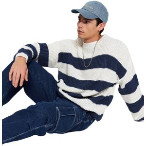Trendyol Indigo Casual Oversize Fit Wide Mold Crew Neck Gestreepte Breiwerk Trui Tmnaw23Kz00106