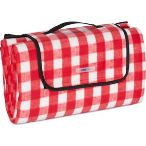 Relaxdays picknickkleed - 200 x 200 cm - waterdicht - opvouwbaar - isolerend - groot - xxl - handvat - ruit - rood-wit