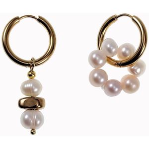 Oorringen met Zoetwaterparels Hanger - Wit - Creme - Verguld RVS - Oorbellen Dames