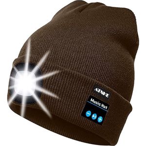 Muts met LED verlichting - Bluetooth muziek functie - Beanie Bruin - USB-oplaadbaar - 4 helder licht LED lampen - 3 standen - One-size - Unisex - Wasbaar