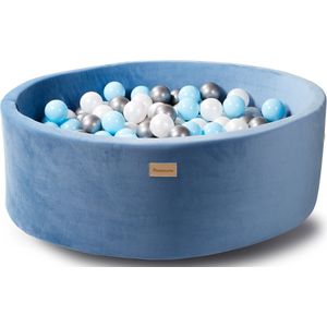 Ballenbak Baby Speelgoed 1 jaar - VELVET blauw - Kidsdouche - ballenbad ballen 250 stuks Ø 7 cm - baby blauw, zilver, parel