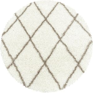 Flycarpets Azure Crème Rond Vloerkleed Geruit - Hoogpolig - Woonkamer - 200x200 cm