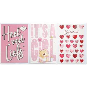 3 Wenskaarten - It’s a Girl + Heel veel liefs + Gefeliciteerd - 12 x 17 cm – GEB-308