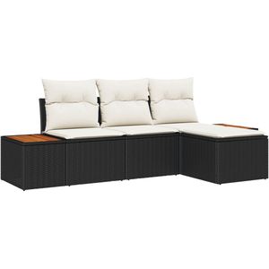 vidaXL - 4-delige - Tuin - Sofa - Set - met - Kussens - Zwart - Poly - Rattan - Acacia