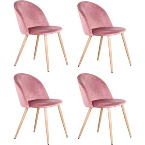 RM Store® - Set Van 4 Moderne Stoelen - Fluwele Stoelen Set - Eetkamer Stoelen - Bureaustoelen - Woonkamer Stoelen - Houten Poten - Lounge Stoelen - Anti Slip - Roze - Max. 120 KG.