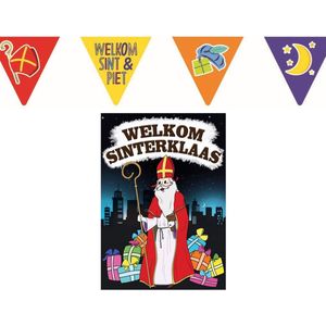 Sinterklaas versiering feestpakket inclusief 4x stuks papieren vlaggenlijnen 6 meter en A1 deurposter