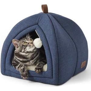 Kattenbed, grote kattenmand, 40 x 40 x 40 cm, kattenhuis voor binnen, met afneembaar Sherpa kattenkussen en hangend speelgoed, wasbaar, marineblauw