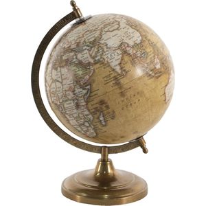 HAES DECO - Decoratieve Wereldbol met metalen koperkleurige voet - formaat 22x30cm - kleuren Bruin / Groen / Geel - Vintage Wereldbol, Globe, Aarbol