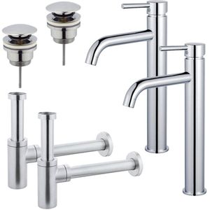 FugaFlow Eccelente Sobrado Badkamer Wastafelkraanset - voor dubbele wastafel - verhoogde wastafelkraan - klikwaste plug - design sifon - Chroom