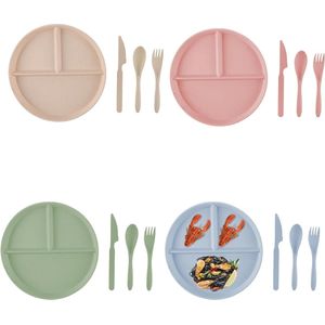 12 stuks gedeelde platte borden, 22,8 cm, rond, kinderborden met 3 vakken, borden met onderverdeling, 4 kleuren plastic borden met vorken, messen en lepels voor volwassenen en kinderen
