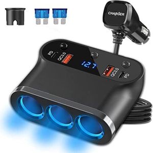 Sigarettenaansteker Splitter - Autolader Splitte - 12v Splitter - Aansteker Splitter - 7 in 1 Car USB Cigarette Lighter Adapter 3 Power Socket Dual USB PD3.0 and QC3.0 with LED Voltage Switch