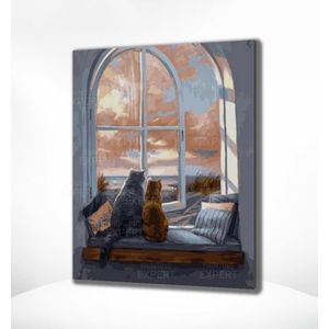 Painting Expert® Schilderen op nummer Volwassenen – Schilderen op nummer Kinderen - Katten voor het raam - 40x50cm - Op Lijst Gemonteerd (24 kleurtjes)