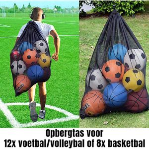 Allernieuwste.nl® Opbergtas Voor 12 Voetballen, Volleyballen, Basketballen - Nettas Met Verstelbare Schouderband en Trekkoord - 72 x 100 cm Zwart