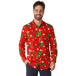 Suitmeister Christmas Trees Stars Red Shirt - Heren Overhemd - Kerstshirt - Rood - Maat XXL