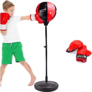 Zoluko Boksbal op Voet voor Kinderen - Incl. Bokshandschoenen en Opblaaspompje - Verstelbaar in Hoogte - Voor Binnen en Buiten - Boksbal op Standaard - Bokstrainer – Bokspaal - Boksset Kinderen - Boksbal Staand - Boxing - Thuis sporten - Zwart/Rood