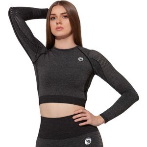 Dames sport crop top - sportshirt lange mouwen - sporttop - Zwart Melange - Maat M