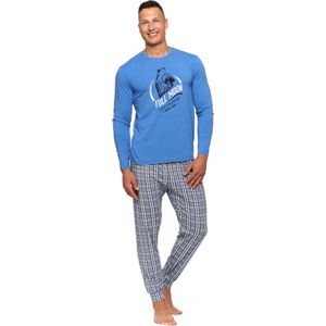 Herenpyjama met lange mouwen en geruite broek- blauw M