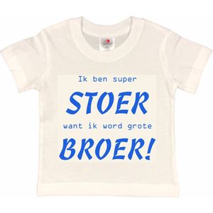 Shirt Aankondiging zwangerschap Ik ben super Stoer want ik word grote BROER | korte mouw | wit/blauw | maat 122/128 zwangerschap aankondiging bekendmaking