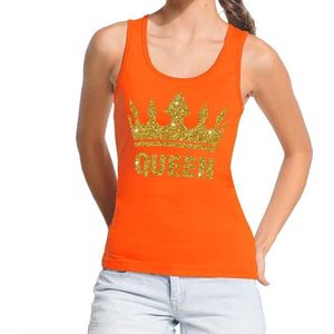 Oranje Koningsdag Queen tanktop shirt/ singlet met gouden glitters dames - Oranje Koningsdag kleding M