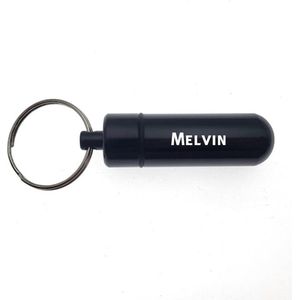 Sleutelhanger - Pillenkoker - Met Naam - Melvin - Medicatie - Identiteitskoker - Zwart