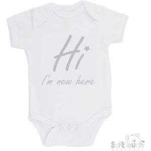 100% katoenen Romper ""Hi I'm new here"" Met Een Sterretje Unisex Katoen Wit/zilver Shiny Maat 62/68