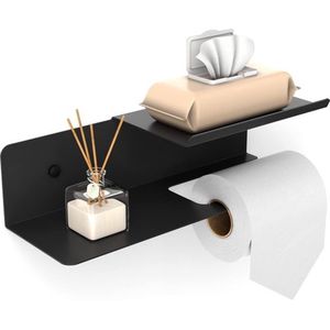 Toiletrolhouder met Dubbele Plank - Opbergruimte voor Vochtige Doekjes - 30 x 10 cm Toiletrolhouder - Zwart - Geschikt voor Boren en Zelfklevend - Voor Badkamer en Keuken - 2mm RVS Staal