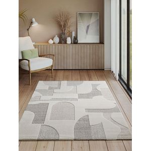Vloerkleed Elio Japandi - Moderne laagpolig met hoog-diepteeffect geometrisch design Crème-80 x 300 cm