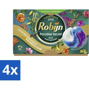 Robijn - Paradise Secret - 3-in-1 Wascapsules - Tropische Geur - 15 Wascapsules - Voordeelverpakking - 4 stuks
