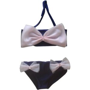 Maat 110 Bikini blauw Baby en kind donkerblauw zwemkleding roze strik