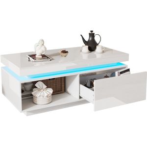 Merax Salontafel Wit Hoogglans met LED Verlichting – 100x50 cm – Bijzettafel met Lade en Opbergruimte