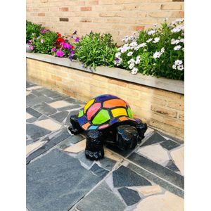Schildpad zwart met gekleurde blokken - 30 cm - polyester - hoogkwalitatieve kunststof - decoratiefiguur - interieur - accessoire - voor binnen - voor buiten - cadeau - geschenk - tuinfiguur - tuinbeeld