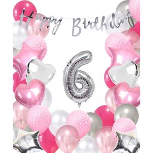 Snoes Ballonnen 6 Jaar Pink Blush Silver Mega Ballon - Compleet Feestpakket 6 Jaar - Verjaardag Versiering Slinger Happy Birthday – Folieballon – Latex Ballonnen - Helium Ballonnen - Zilver en Roze Verjaardag Decoratie