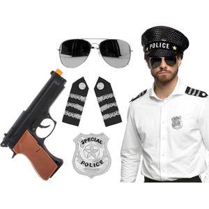 Carnaval verkleed set - politiepet - zwart - met epauletten/badge/zonnebril/pistool - heren/dames