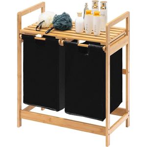 Bamboe Wasmand Frame Planken Wasverzamelaar 2 Uittrekbare Waszakken Slaapkamer Badkamer Waskeuken - 73 x 64 x 33 cm Zwart