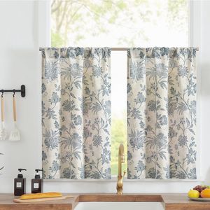 JGS ® Lichtdoorlatende Bloemenlinnen Gordijnen voor Keuken en Woonkamer, Set van 2, Blauw op Beige