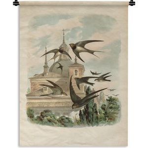 Wandkleed Antieke Vogelprenten - Antieke vogelprent zwaluwen Wandkleed katoen 150x200 cm - Wandtapijt met foto