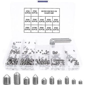 Stuks Grub Schroeven Gemengde Set RVS Kegelpunt Hex Socket Metrische Draad M3 M4 M5 M6 M8 (245 stuks) met moersleutel