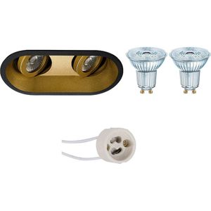 LED Spot Set - OSRAM Parathom PAR16 930 36D - Proma Zano Pro - GU10 Fitting - Dimbaar - Inbouw Ovaal Dubbel - Mat Zwart/Goud - 5.5W - Warm Wit 3000K - Kantelbaar - 185x93mm