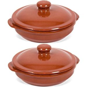 2x Stenen ovenschalen met deksel bruin/ terracotta 18 cm - Terracotta ovenschalen/stoofpotten