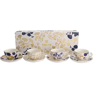 Tokyo Design Studio – Koffiekopjes Set - Flora Japonica Gold – Set met Kopjes en Schoteltjes – 4 verschillende designs – 100ml