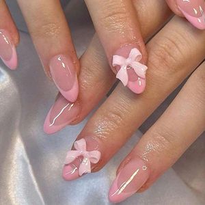 24 stuks Franse press-on nagels medium met strik - Roze nagels om op te plakken, Franse tip amandelvormige kunstnagels