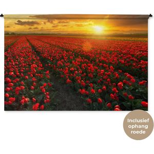 Wandkleed Landschappen Nederland - Rode tulpen in Nederland Wandkleed katoen 180x120 cm - Wandtapijt met foto XXL / Groot formaat!